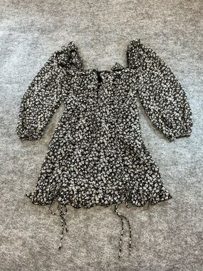 ACOA Black and Grey Floral Ruffle Sheer Sleeve Cottage Core Mini Dress QQQ